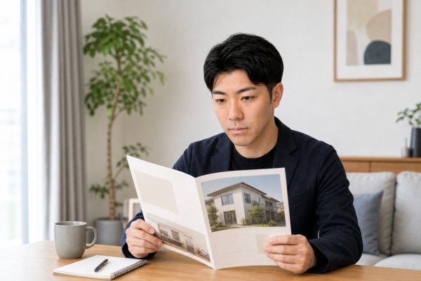 住宅のパンフレットを検討する男性
