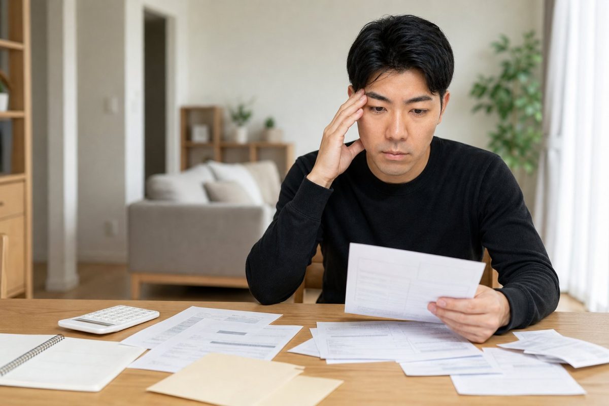 税金と保険の書類に悩む男性