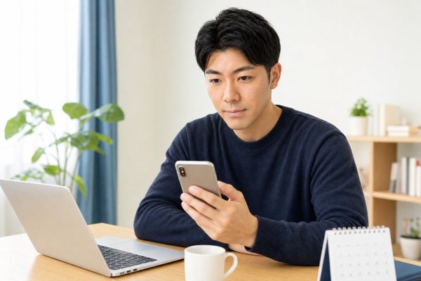 給料の入金をスマホで確認する男性