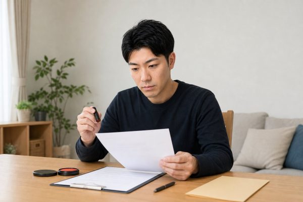 更新契約書にハンコを押す男性
