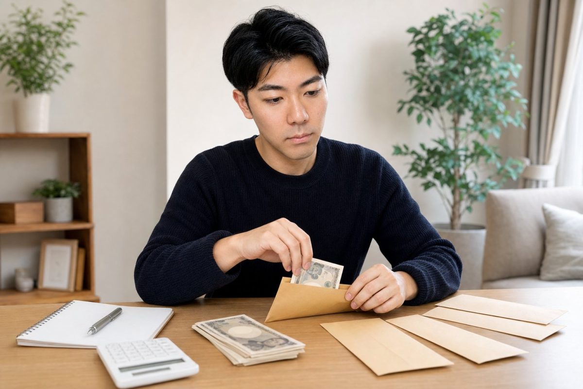 封筒で予備費を仕分けする男性