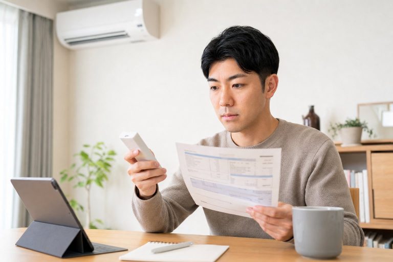 光熱費の節約にエアコンを調整する男性