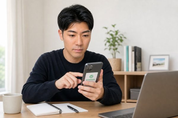 振込完了をアプリで確認する男性