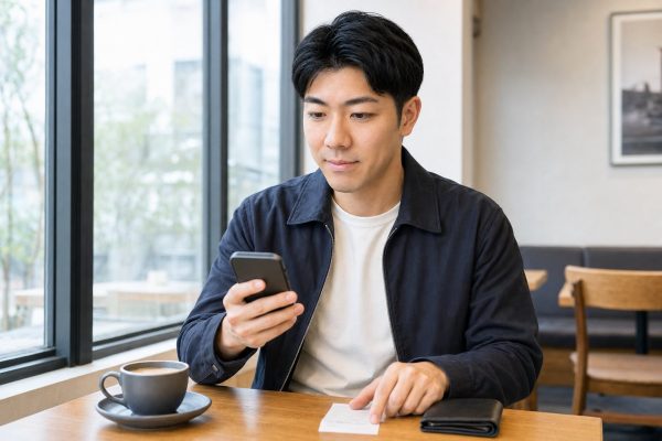 会計をキャッシュレスで割り勘する男性