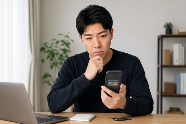 クレジットカードの利用額に慌てる男性