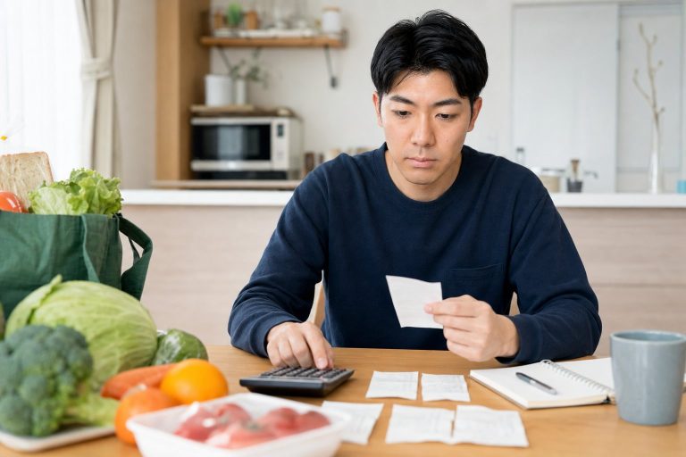 食費のレシートで価格を見比べる男性