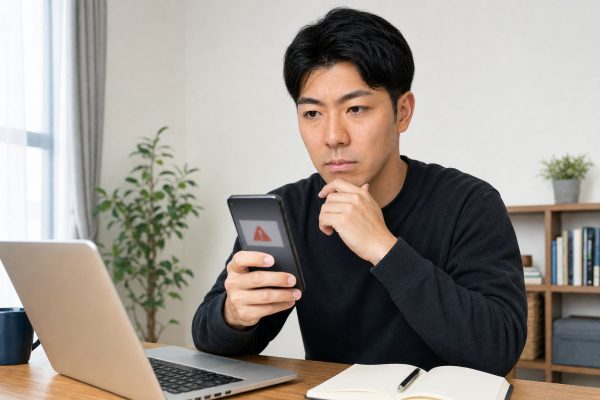 銀行アプリの認証エラーに困る男性