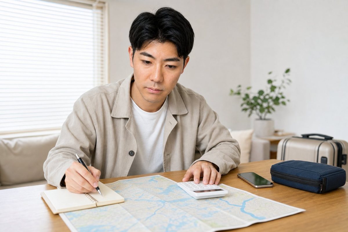 旅行の予算を立てる男性