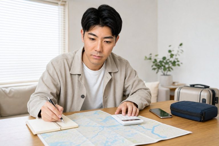 旅行の予算を立てる男性