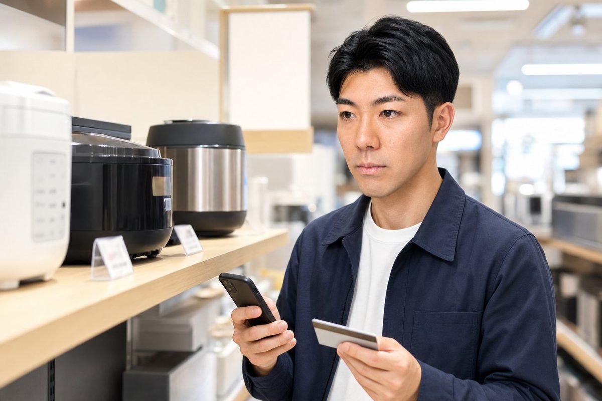 家電を予算内で選ぶ男性