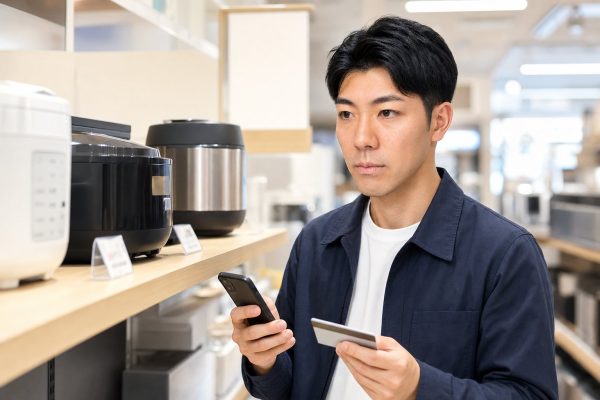 家電を予算内で選ぶ男性