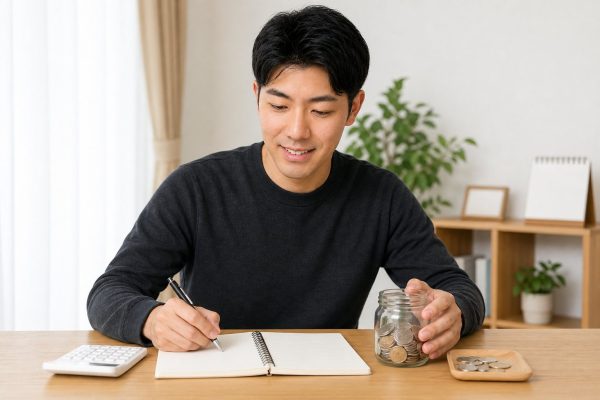 貯金目標の達成を喜ぶ男性