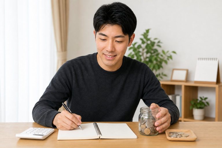 貯金目標の達成を喜ぶ男性