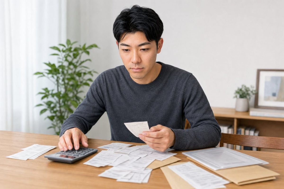 医療費の領収書をまとめる男性