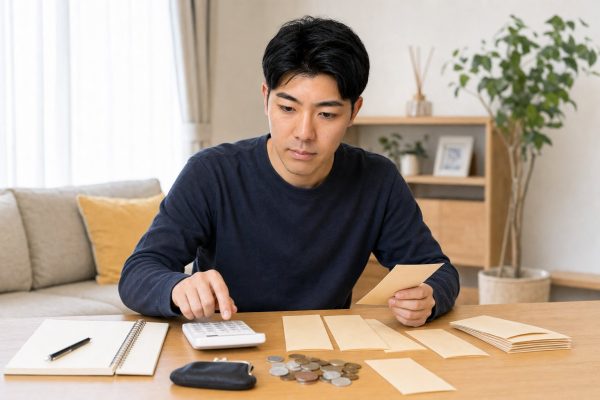目的別の封筒貯金をする男性