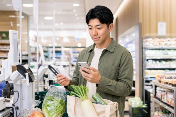 スーパーでポイントとクーポンを使う男性
