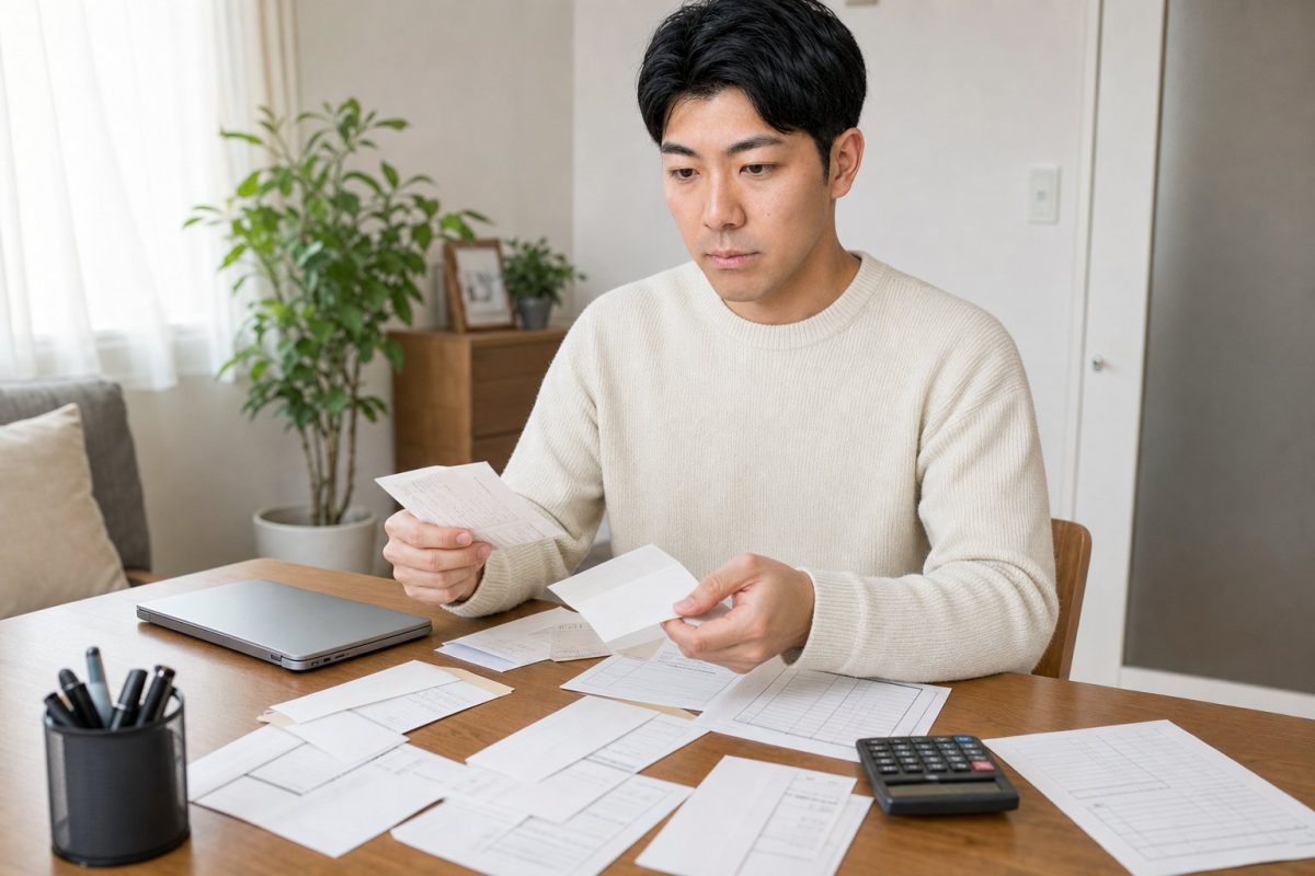 寄付の領収書を整理する男性