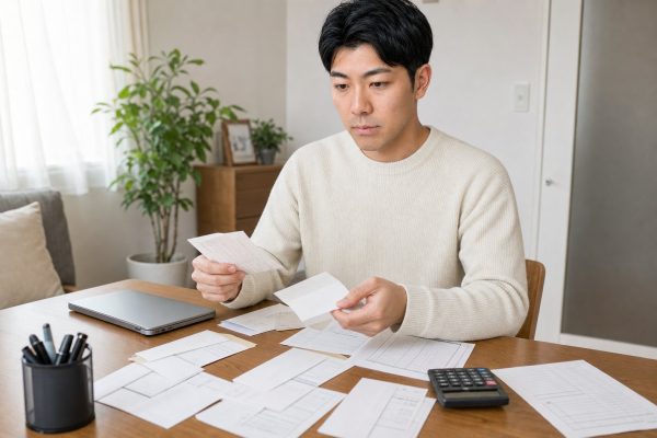 寄付の領収書を整理する男性