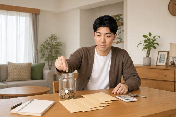 瓶に修繕積立のコインを貯める男性