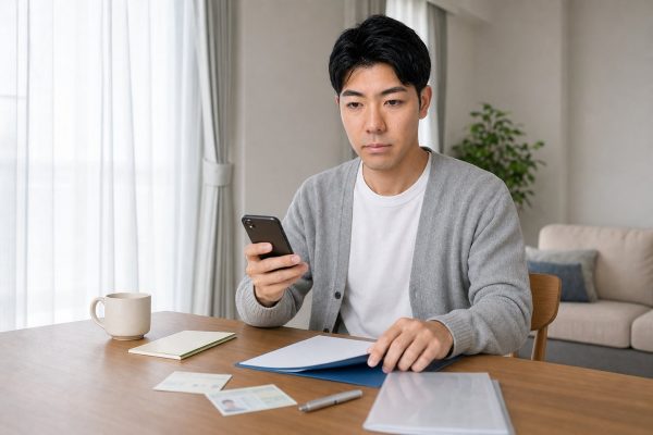 銀行窓口の予約書類を準備する男性