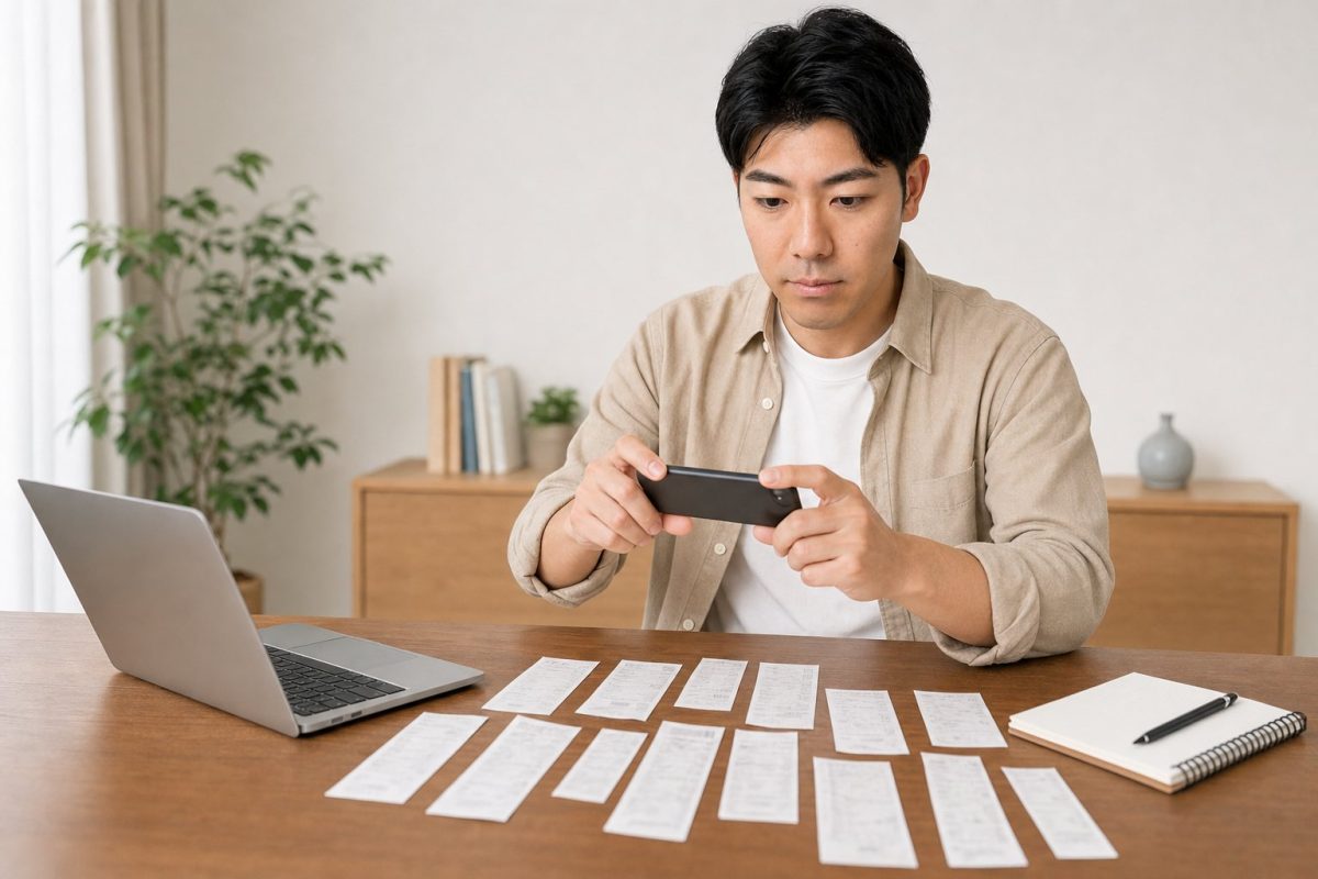 レシートをスマホで電子化する男性