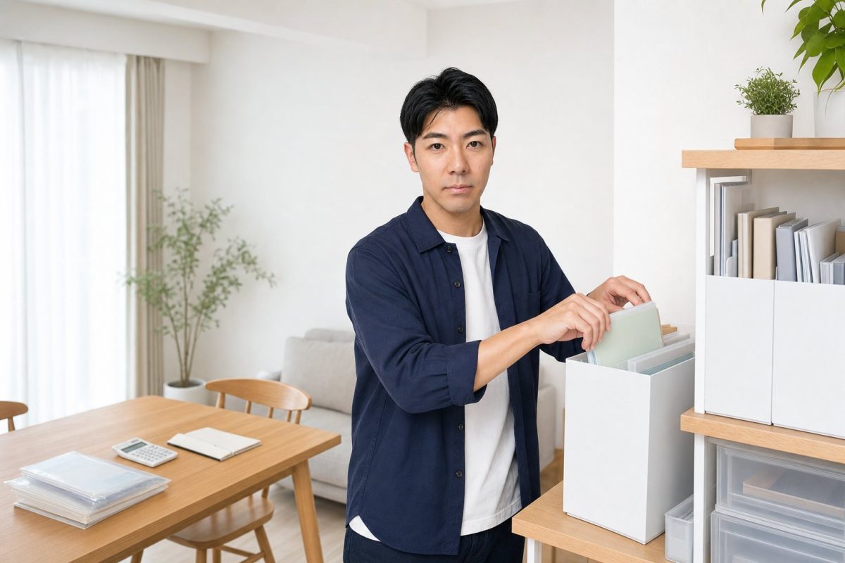 家計の書類を棚に整理する男性