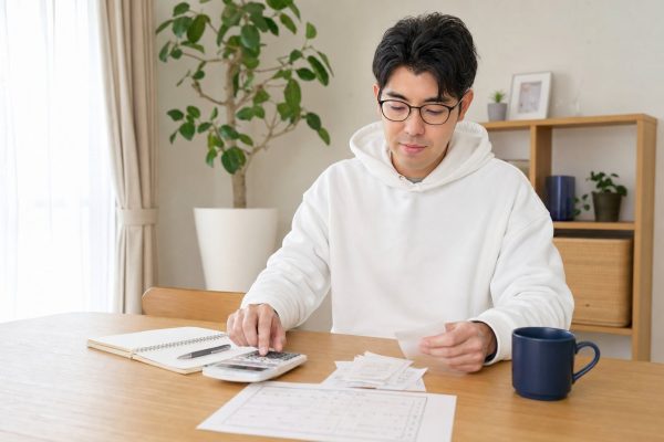 家計簿を丁寧につける男性