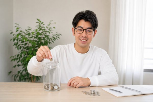 貯金箱の小銭を数える男性