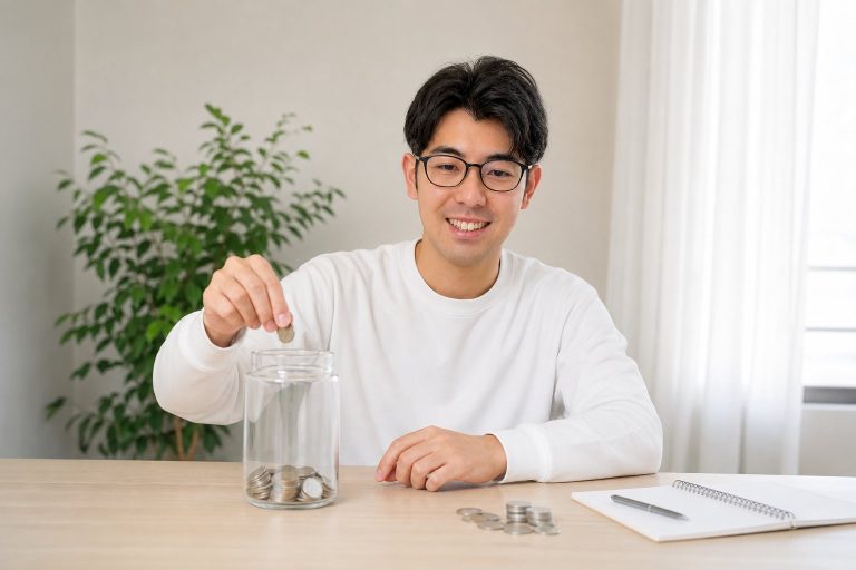 貯金箱の小銭を数える男性