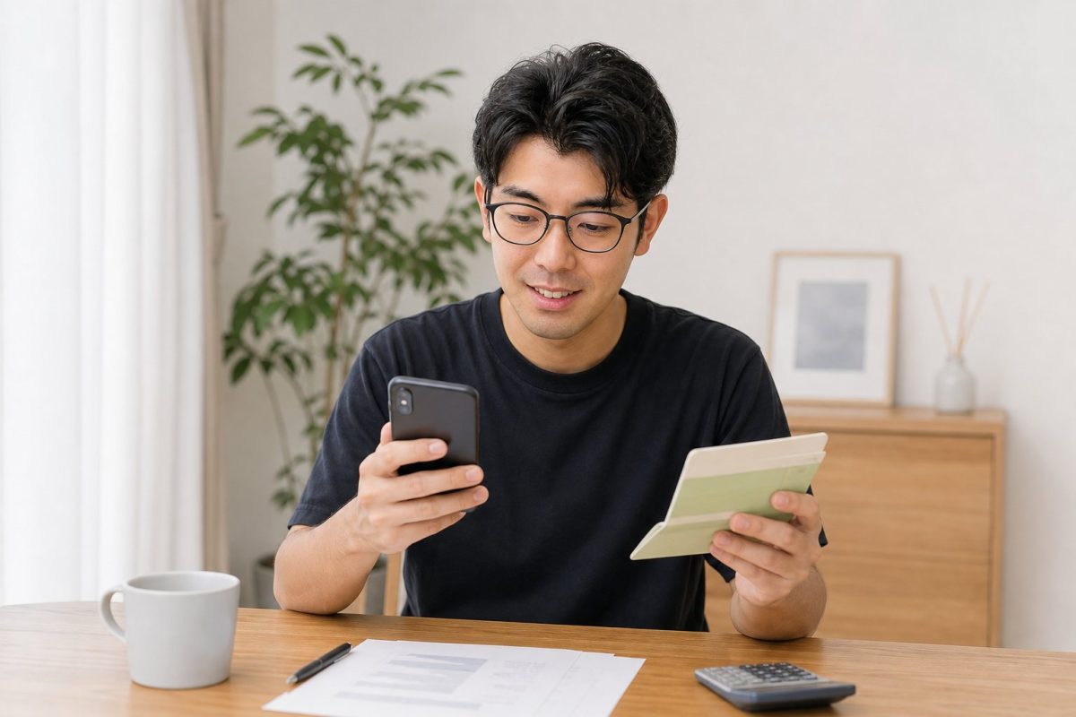 銀行残高をチェックする男性