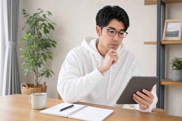 投資アプリで運用状況を見る男性