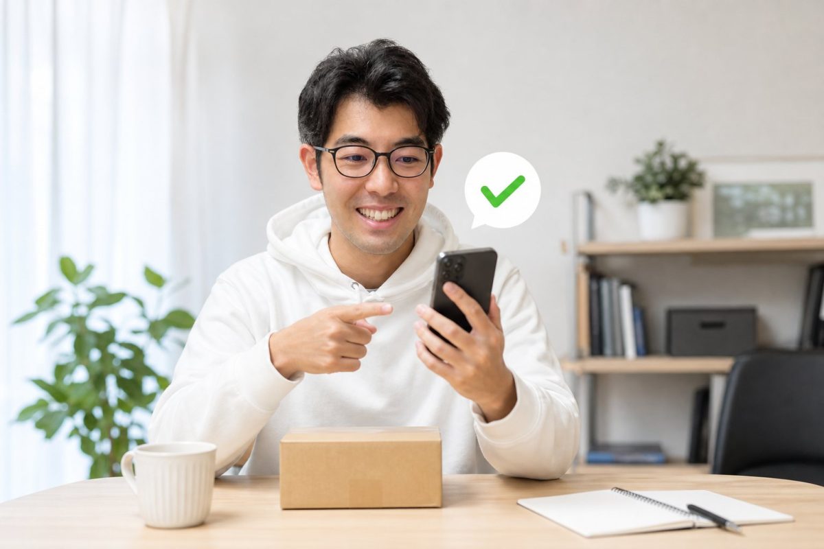 支払い完了画面を確認する男性