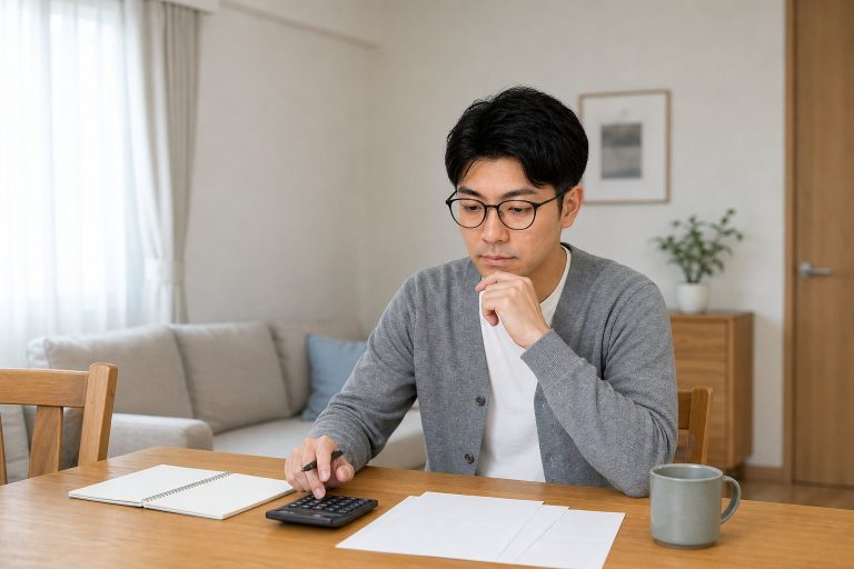 家計簿を見直すメガネの男性