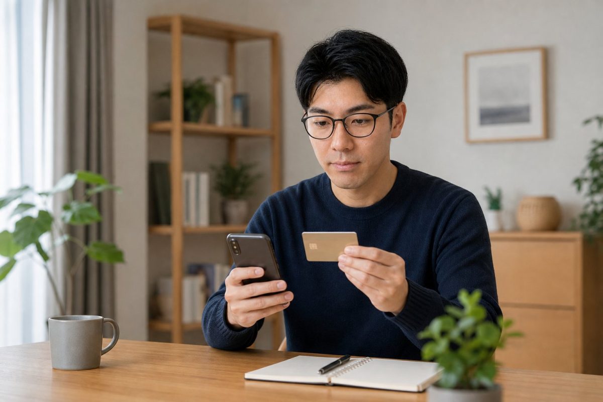 カードで支払うメガネの男性