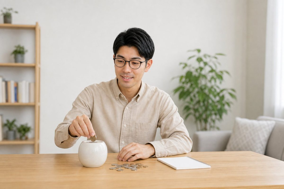 小銭を貯金するメガネの男性