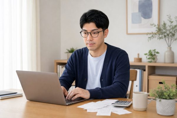 税務書類を作成するメガネの男性