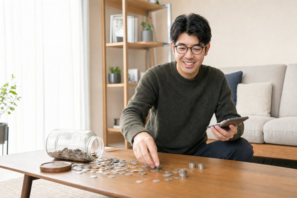 こぼれた小銭を拾い集める男性