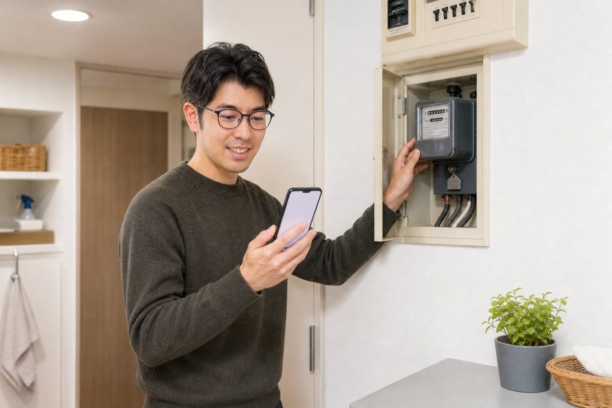電気メーターをスマホで記録する男性