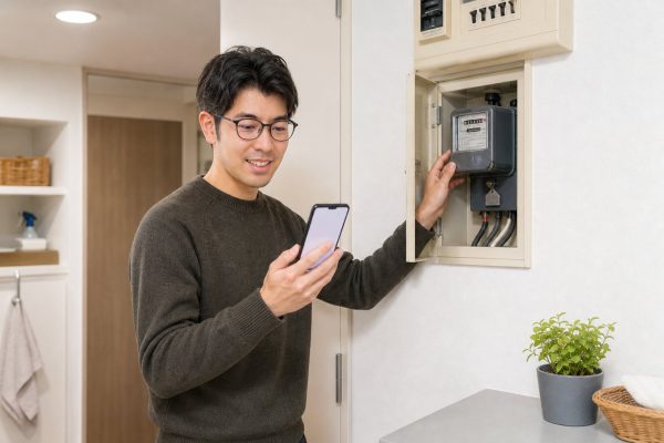 電気メーターをスマホで記録する男性