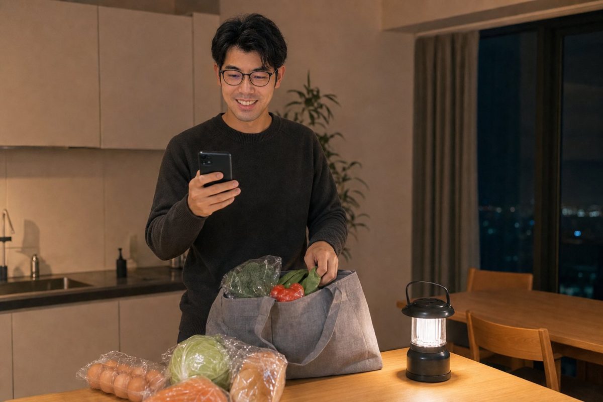 停電時にキャッシュレス残高を確かめる男性
