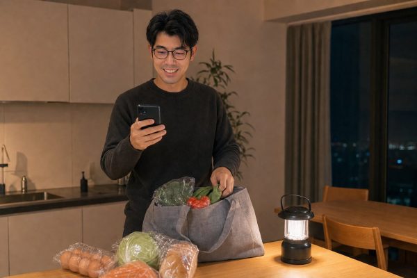 停電時にキャッシュレス残高を確かめる男性