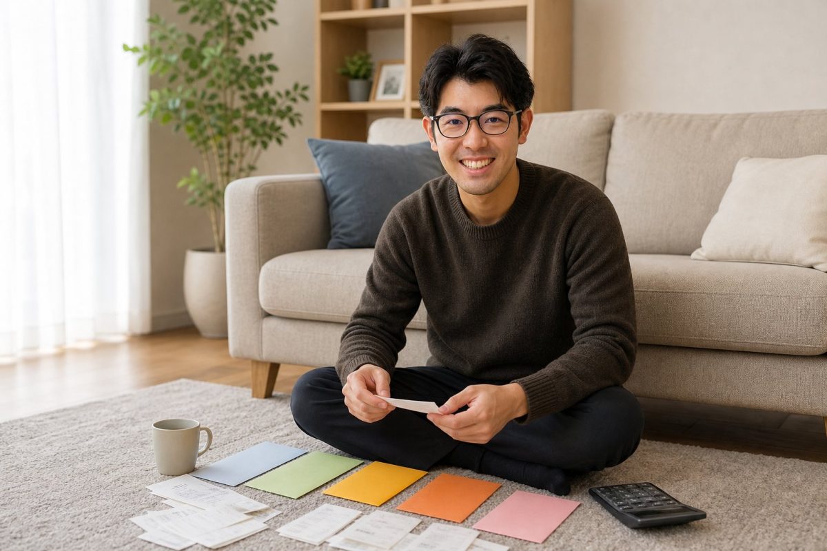 封筒で家計を仕分けする男性