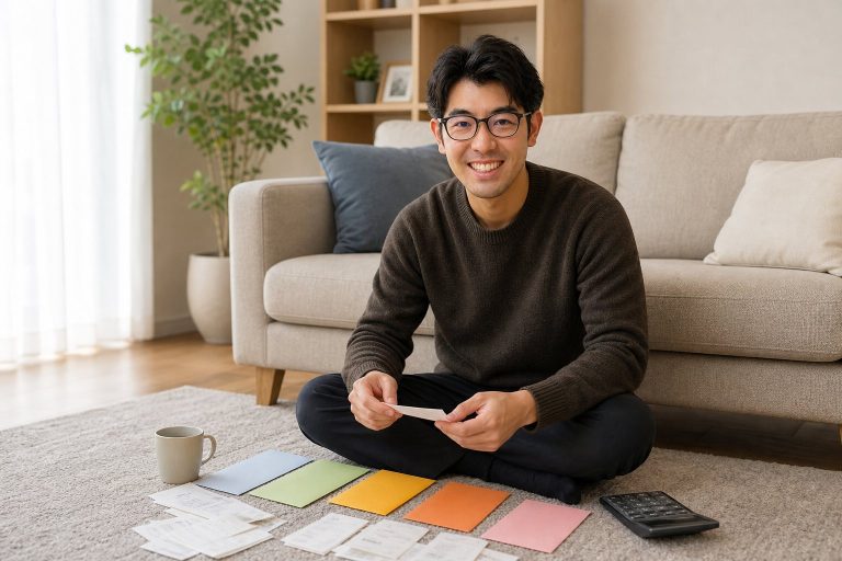 封筒で家計を仕分けする男性