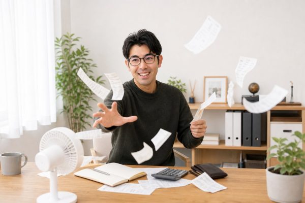 舞い上がるレシートに慌てる男性
