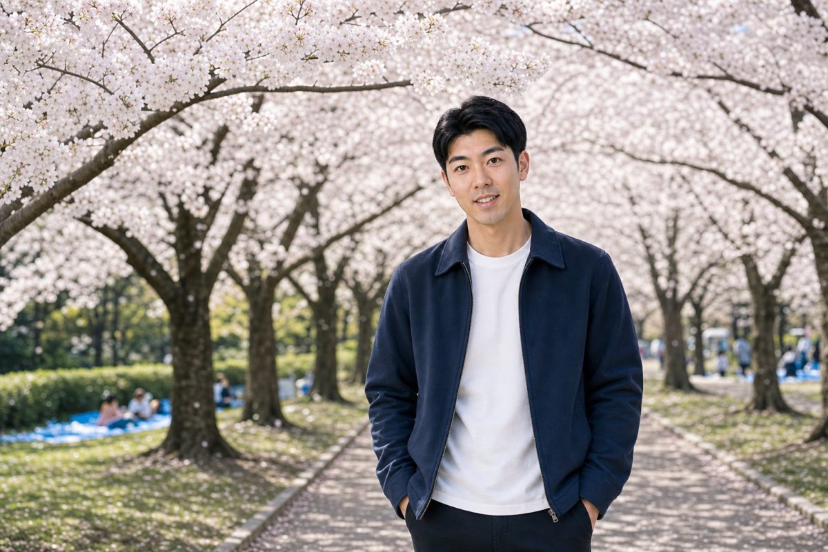 満開の桜の下で花見を楽しむ男性