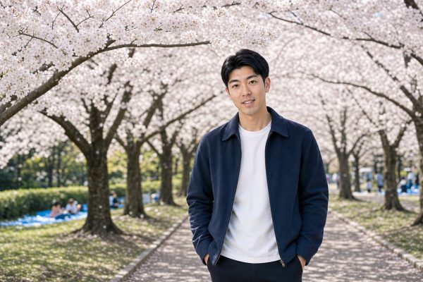 満開の桜の下で花見を楽しむ男性