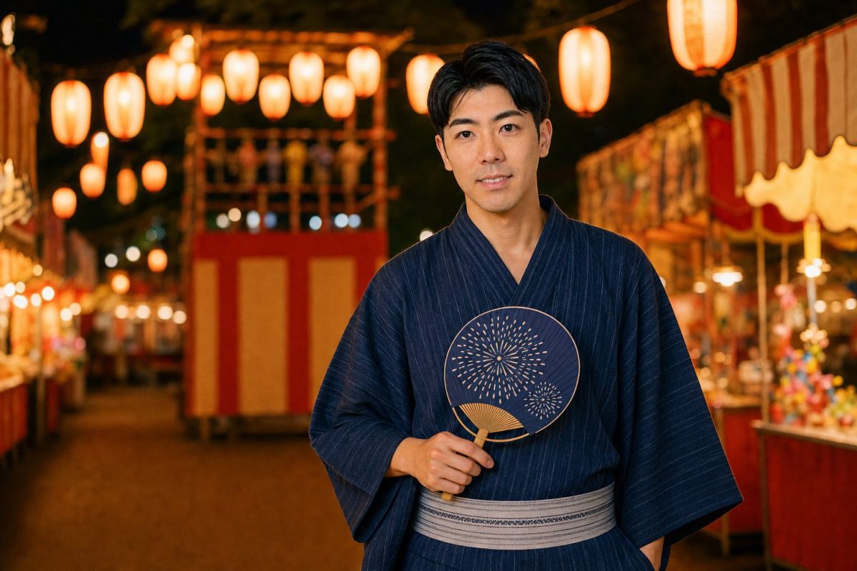 夏祭りで浴衣にうちわを持つ男性