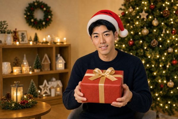 サンタ帽でプレゼントを持つ男性