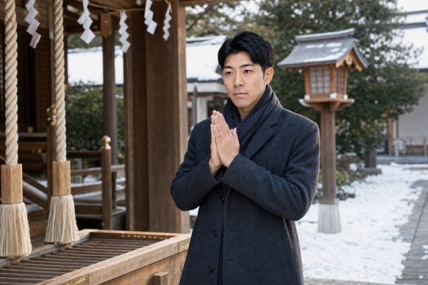 神社で初詣の参拝をする男性