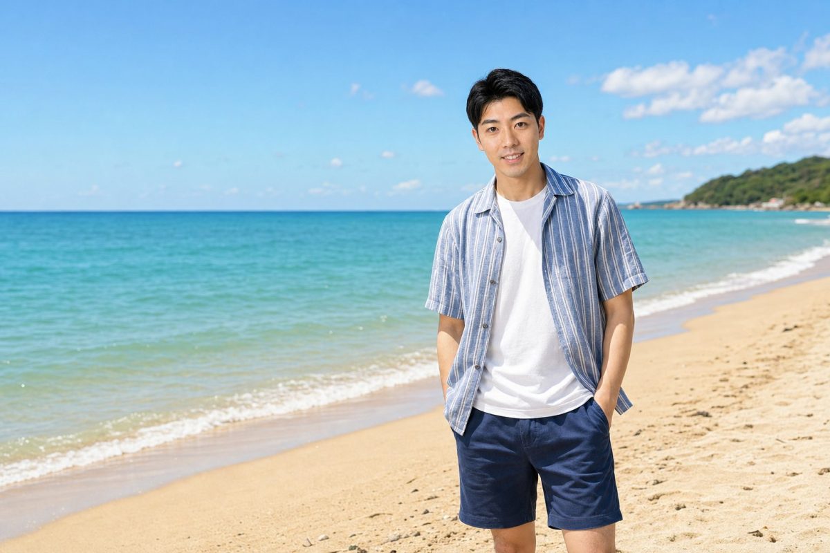 夏の海辺で青空の下に立つ男性